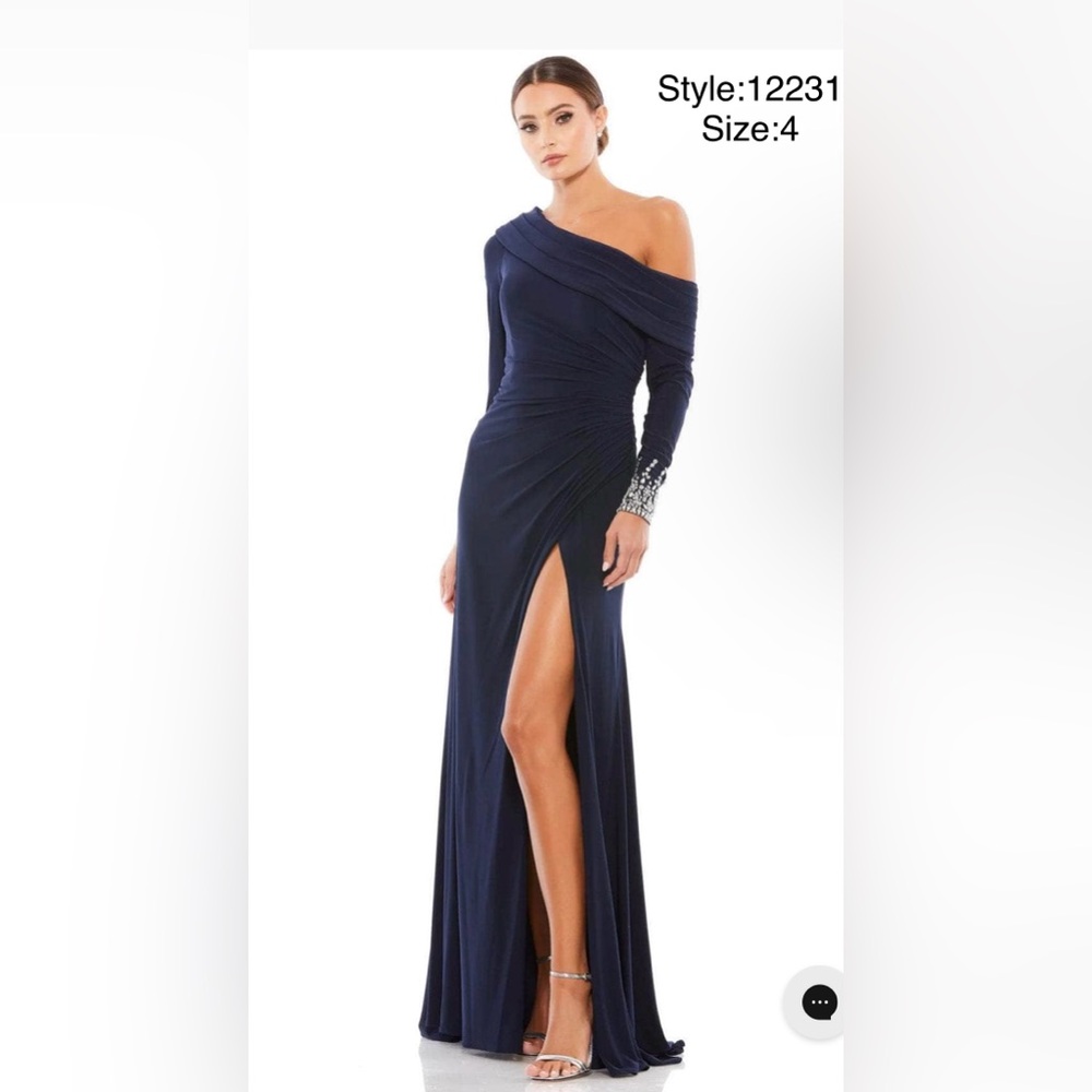 Beaded cuff off shoulder long sleeve gown